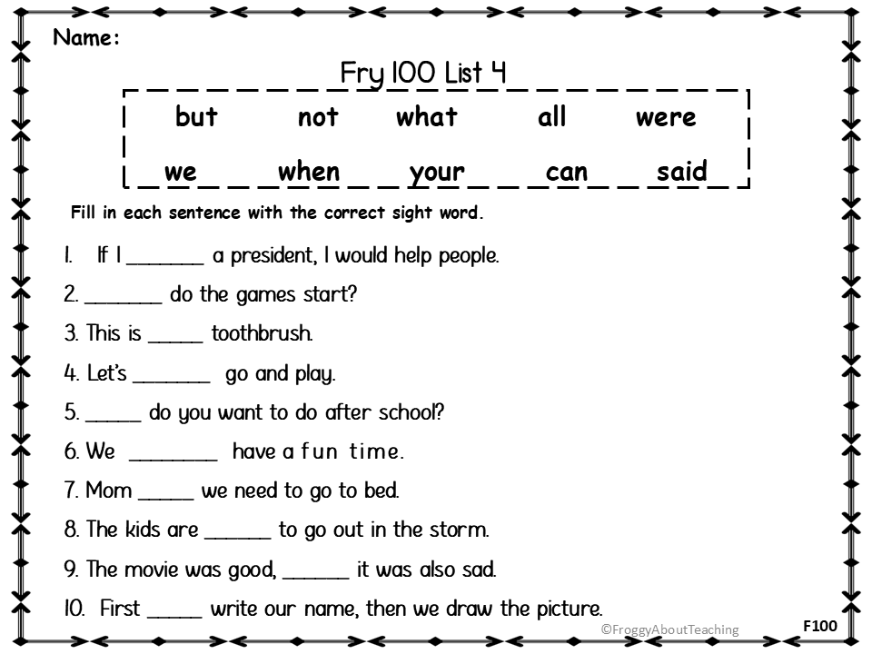 Fill in the Blak worksheet for Fry 100-List 4